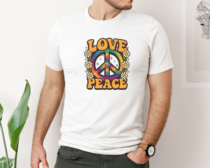 brand:Bella Canvas|color:White|Love Peace Retro 70S Retro T Shirt Graphic T-Shirt