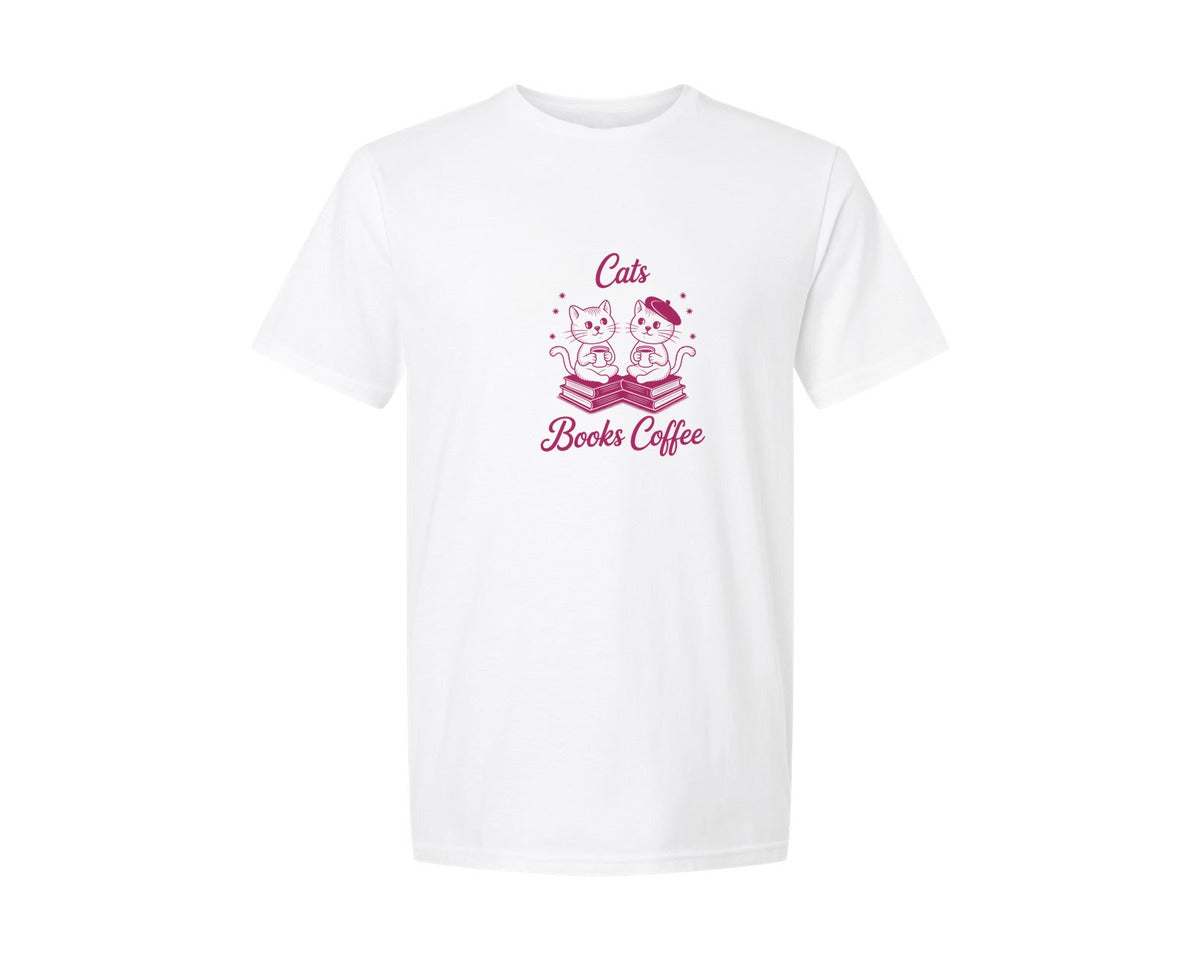 brand:Generic|color:White|Cats Books Coffee Cute Reading Cat Graphic T-Shirt