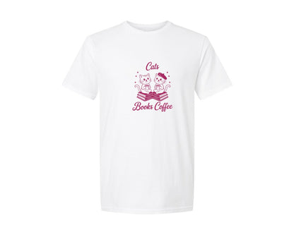 brand:Generic|color:White|Cats Books Coffee Cute Reading Cat Graphic T-Shirt