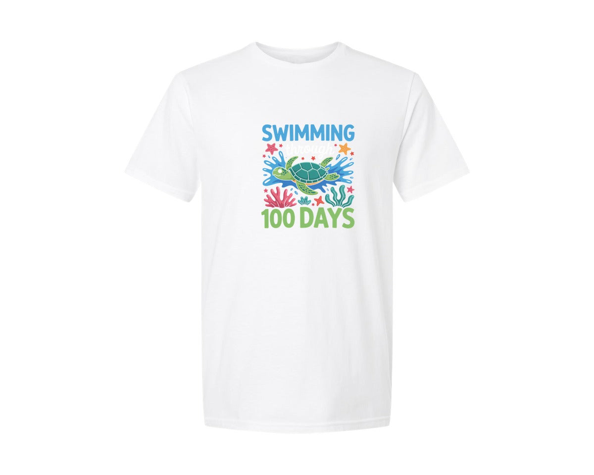 brand:Generic|color:White|Swimming Through 100 Days Graphic T-Shirt