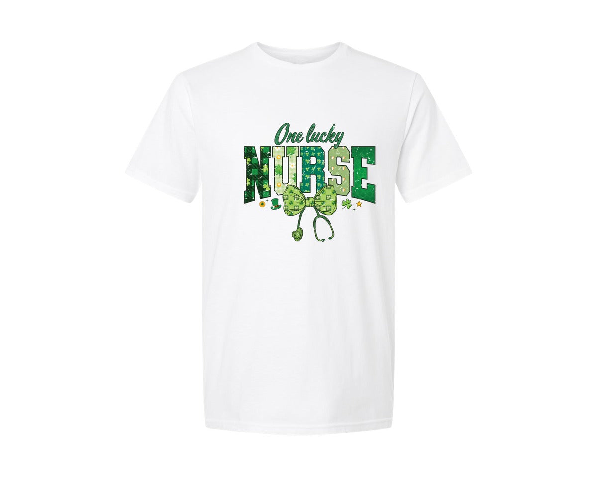 brand:Generic|color:White|Nurse St Patricks One Lucky Nurse Graphic T-Shirt