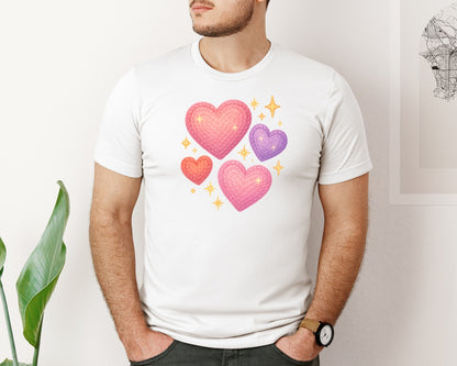 brand:Bella Canvas|color:White|Faux Crochet Sparkle Hearts Graphic T-Shirt