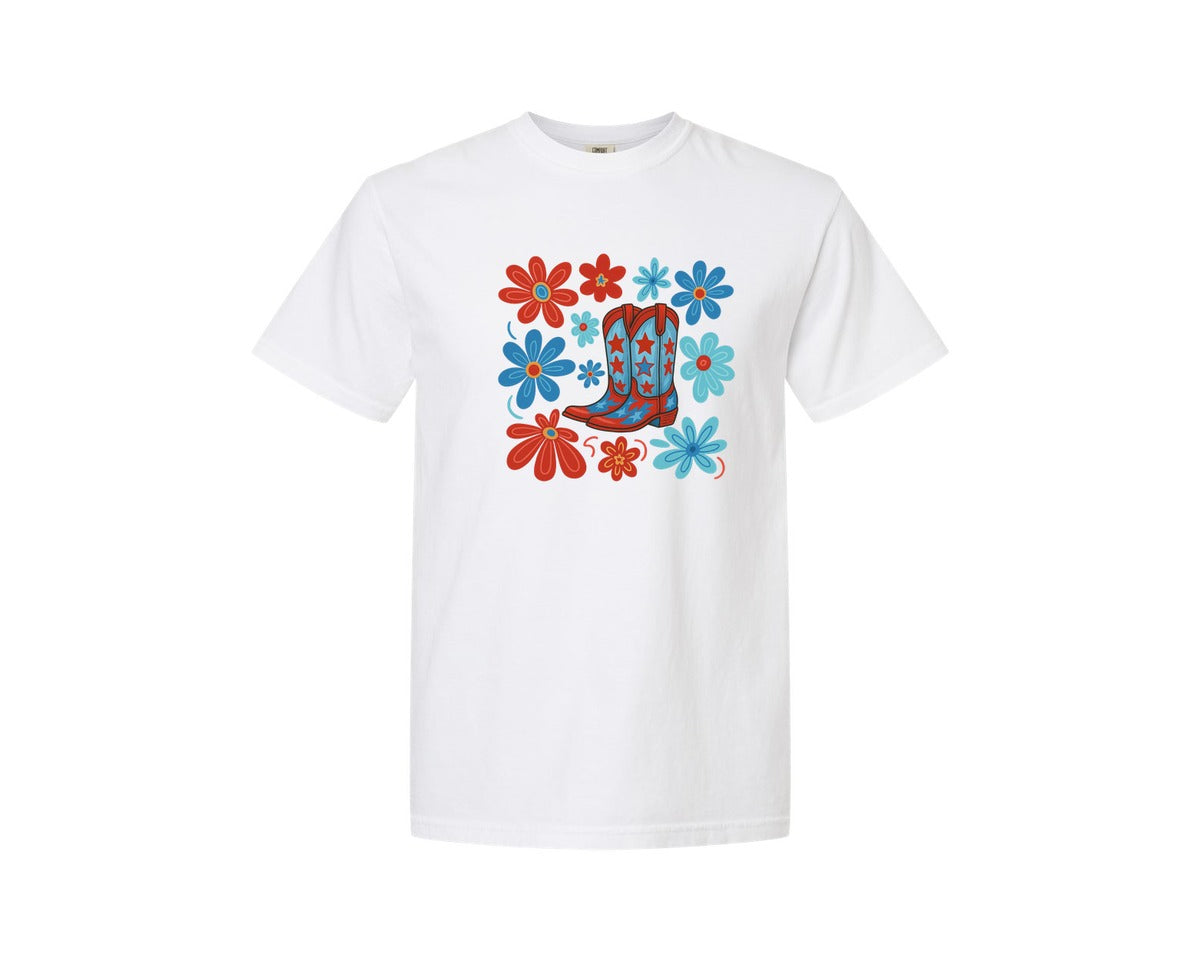 brand:Comfort Colors|color:White|Floral Western Cowgirl Boot America Graphic T-Shirt