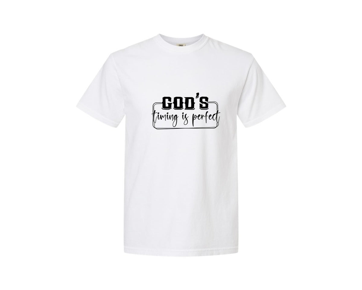 brand:Comfort Colors|color:White|Gods Timing Is Perfect Sleeve Design Graphic T-Shirt