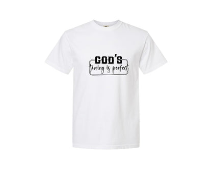 brand:Comfort Colors|color:White|Gods Timing Is Perfect Sleeve Design Graphic T-Shirt