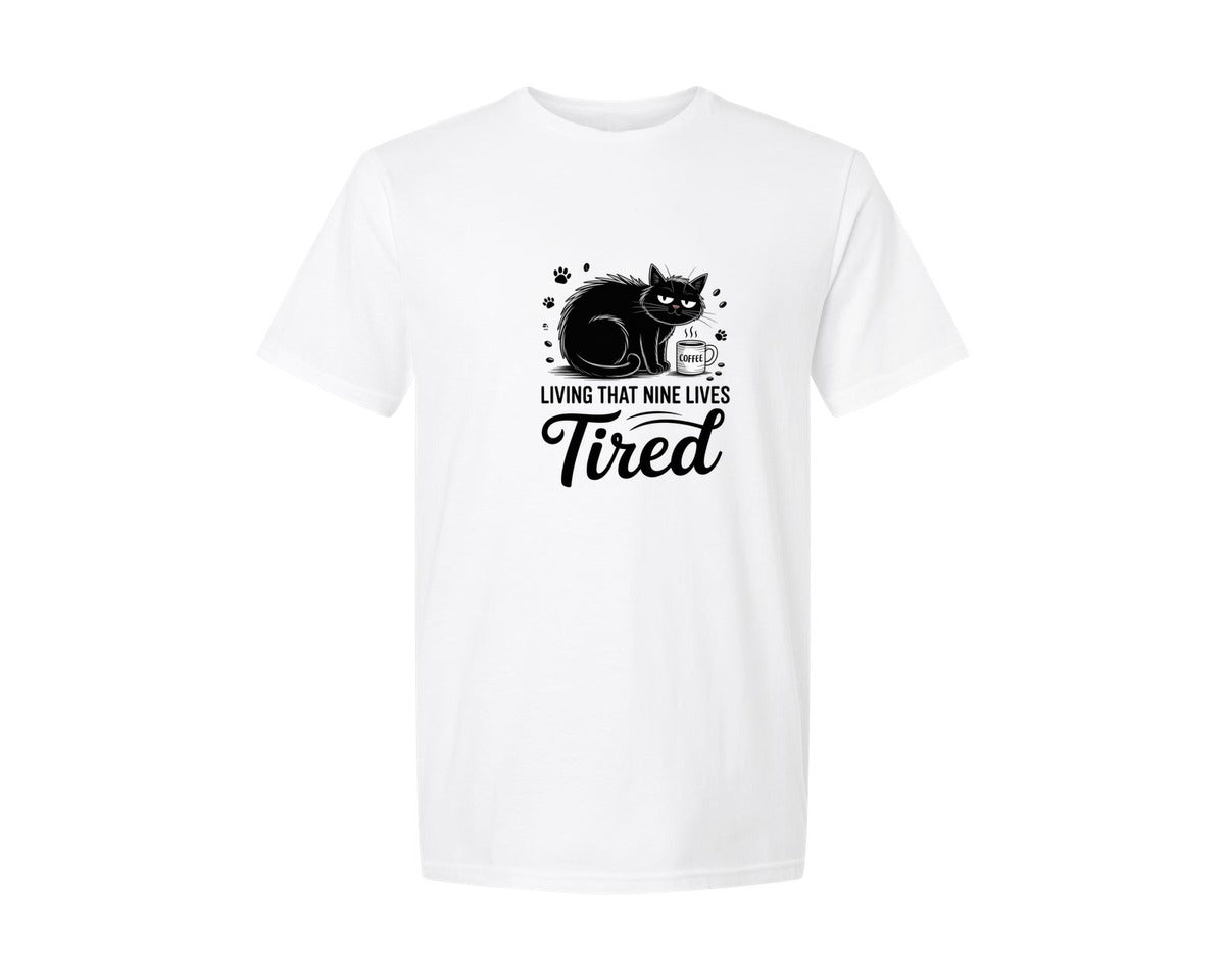brand:Generic|color:White|Living That Nine Lives Tired Cat Subl Graphic T-Shirt