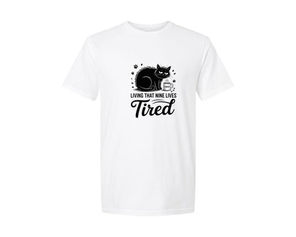 brand:Generic|color:White|Living That Nine Lives Tired Cat Subl Graphic T-Shirt