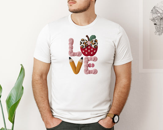 Knitted Leopard Love Teacher Apple Graphic T-Shirt