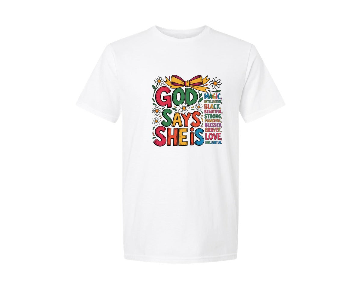 brand:Generic|color:White|God Says She Is Magic Checker Bow Graphic T-Shirt