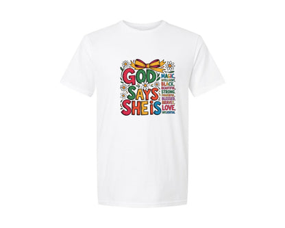 brand:Generic|color:White|God Says She Is Magic Checker Bow Graphic T-Shirt