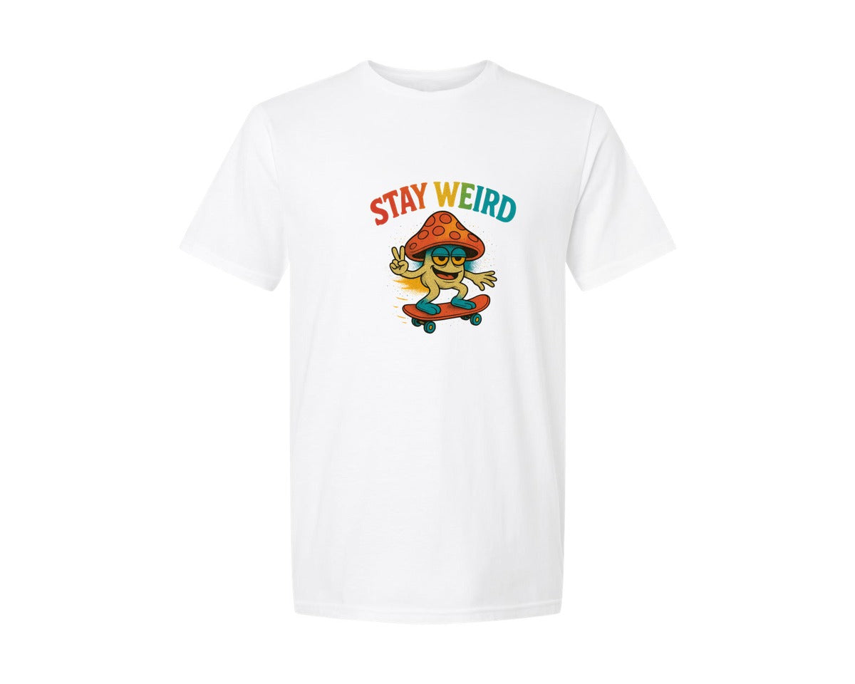 brand:Generic|color:White|Stay Weird Mushroom Skateboard Graphic T-Shirt