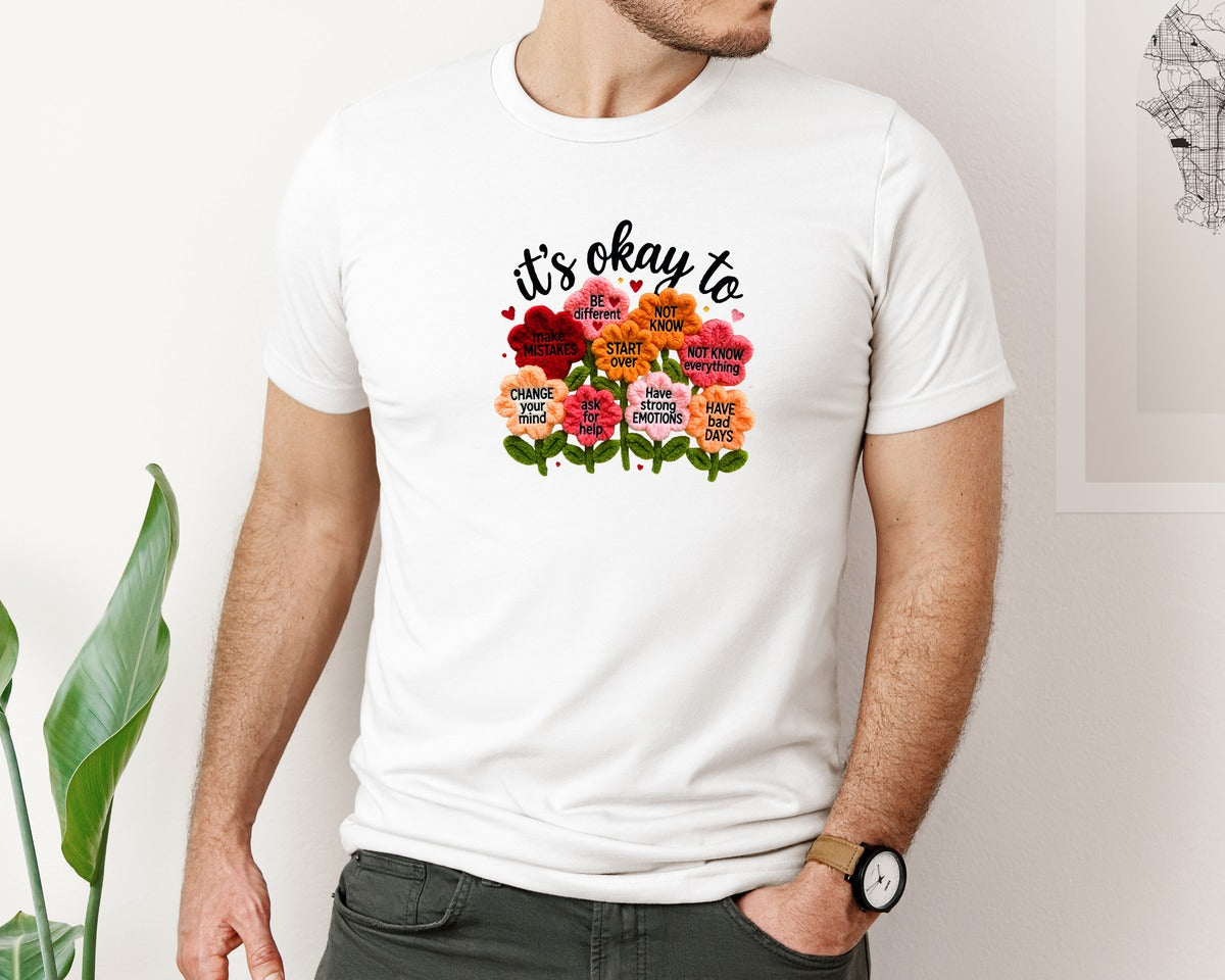 brand:Bella Canvas|color:White|Its Okay To Mental Health Faux Yarn Graphic T-Shirt