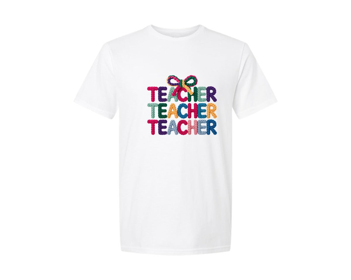 brand:Generic|color:White|Knitted Coquette Teacher Typography Graphic T-Shirt