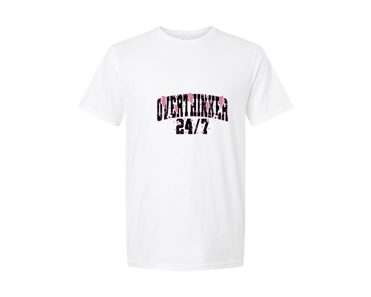 brand:Generic|color:White|Pink Overthinker Mental Health Graphic T-Shirt