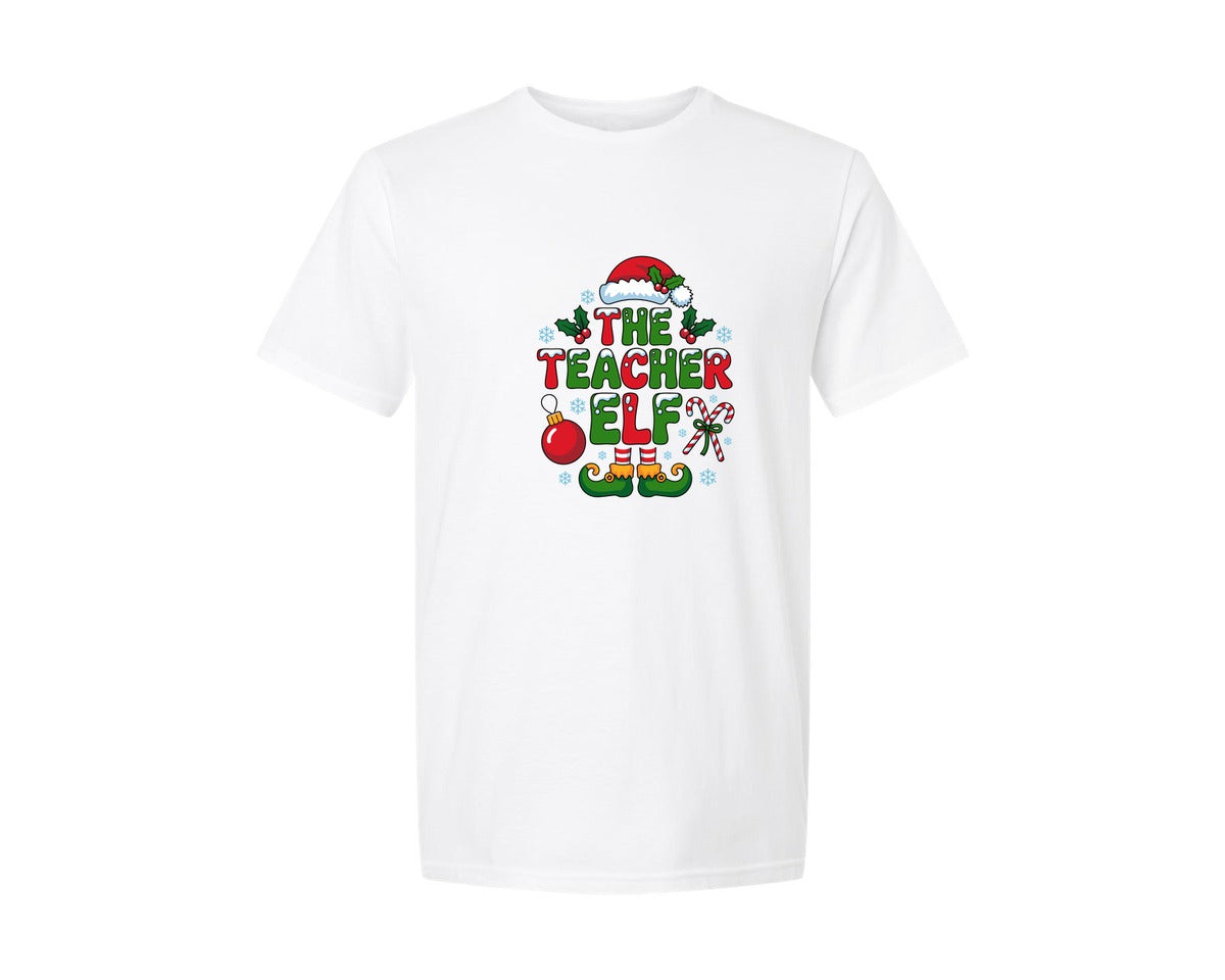 brand:Generic|color:White|The Teacher Elf Christmas Xmas Graphic T-Shirt
