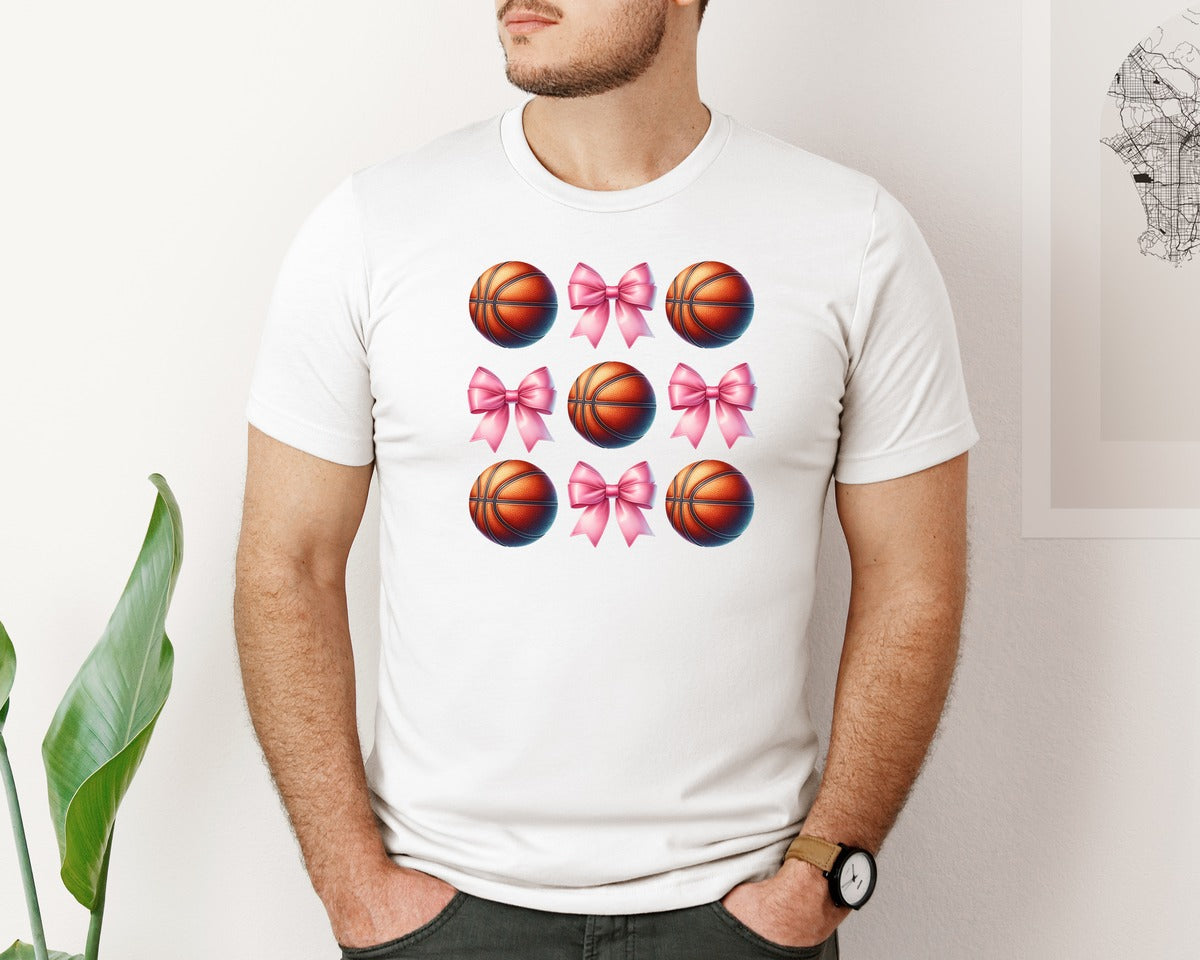 brand:Bella Canvas|color:White|Coquette Bow Basketball 3 Graphic T-Shirt