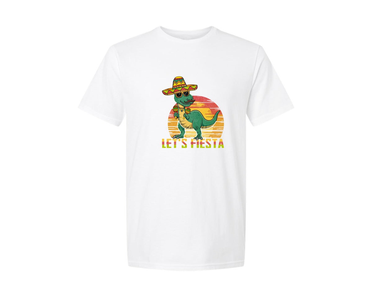 brand:Generic|color:White|Lets Fiesta Dinosaur Cinco De Mayo Graphic T-Shirt