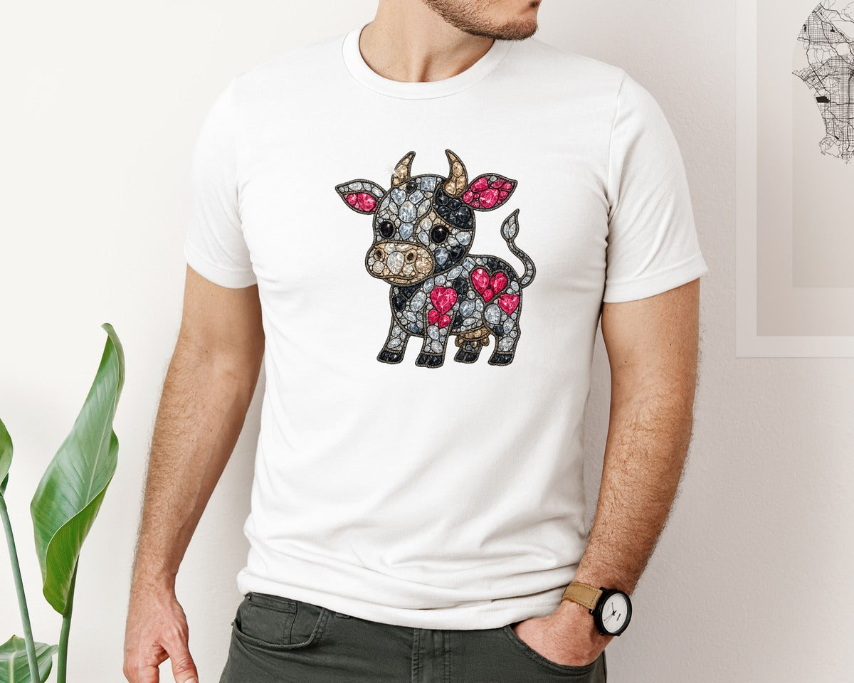 brand:Bella Canvas|color:White|Faux Rhinestone Cow 3 Graphic T-Shirt