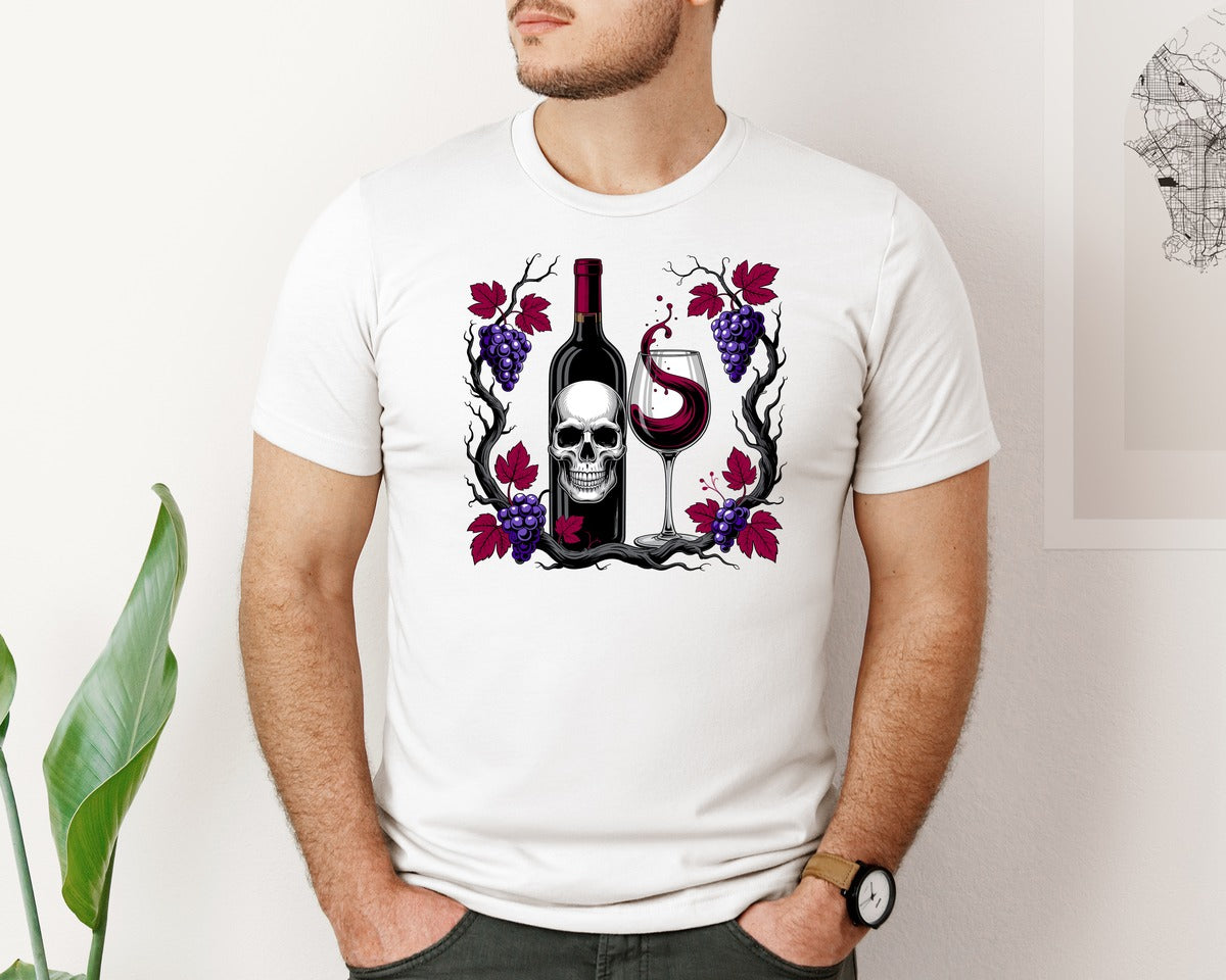 brand:Bella Canvas|color:White|Skull With Wine Bottle Glass And Grape Graphic T-Shirt
