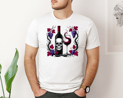 brand:Bella Canvas|color:White|Skull With Wine Bottle Glass And Grape Graphic T-Shirt