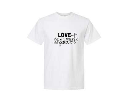 brand:Comfort Colors|color:White|Love Never Fails Sleeve Svgbible Quotes Graphic T-Shirt
