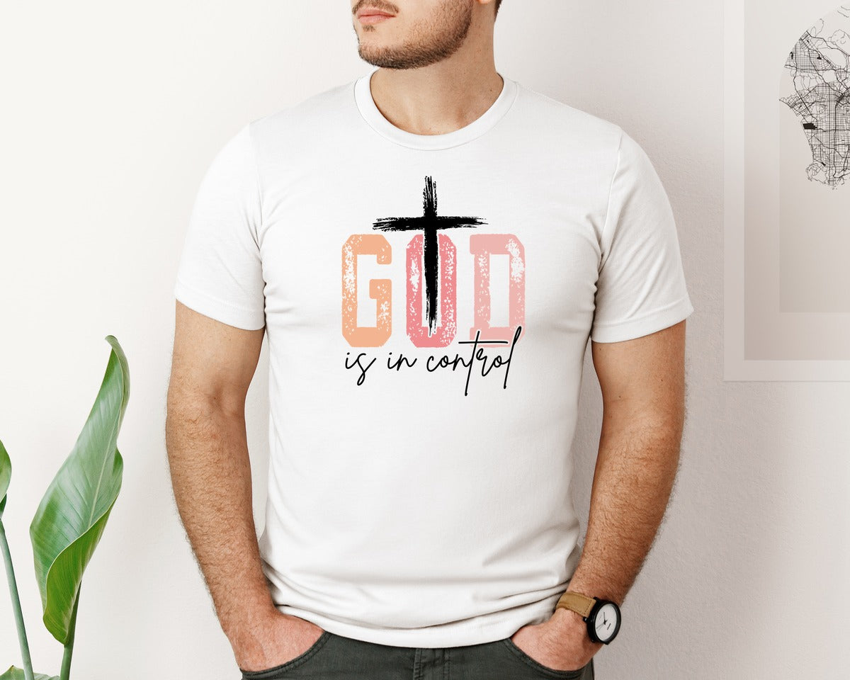 brand:Bella Canvas|color:White|God Is In Control Christian Graphic T-Shirt