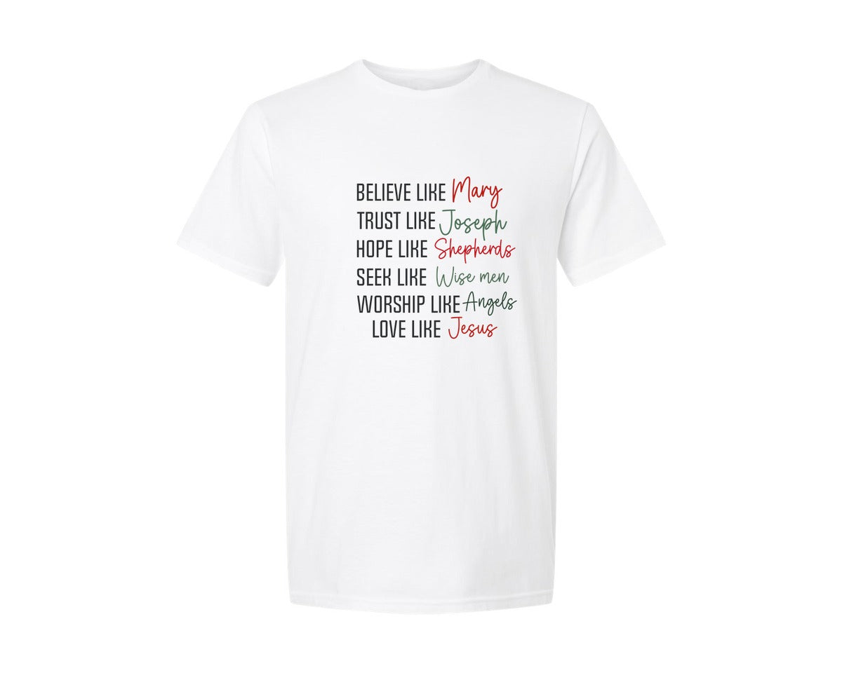 brand:Generic|color:White|Believe Like Mary Christian Graphic T-Shirt