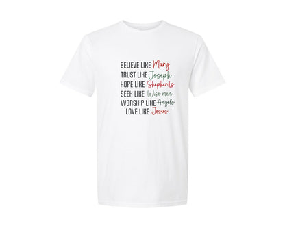 brand:Generic|color:White|Believe Like Mary Christian Graphic T-Shirt