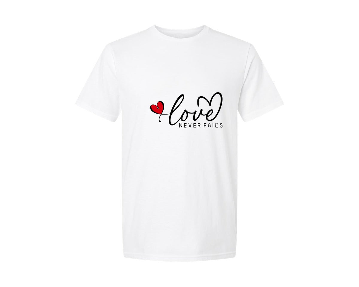 brand:Generic|color:White|Love Never Fails Valentines Day 3 Graphic T-Shirt