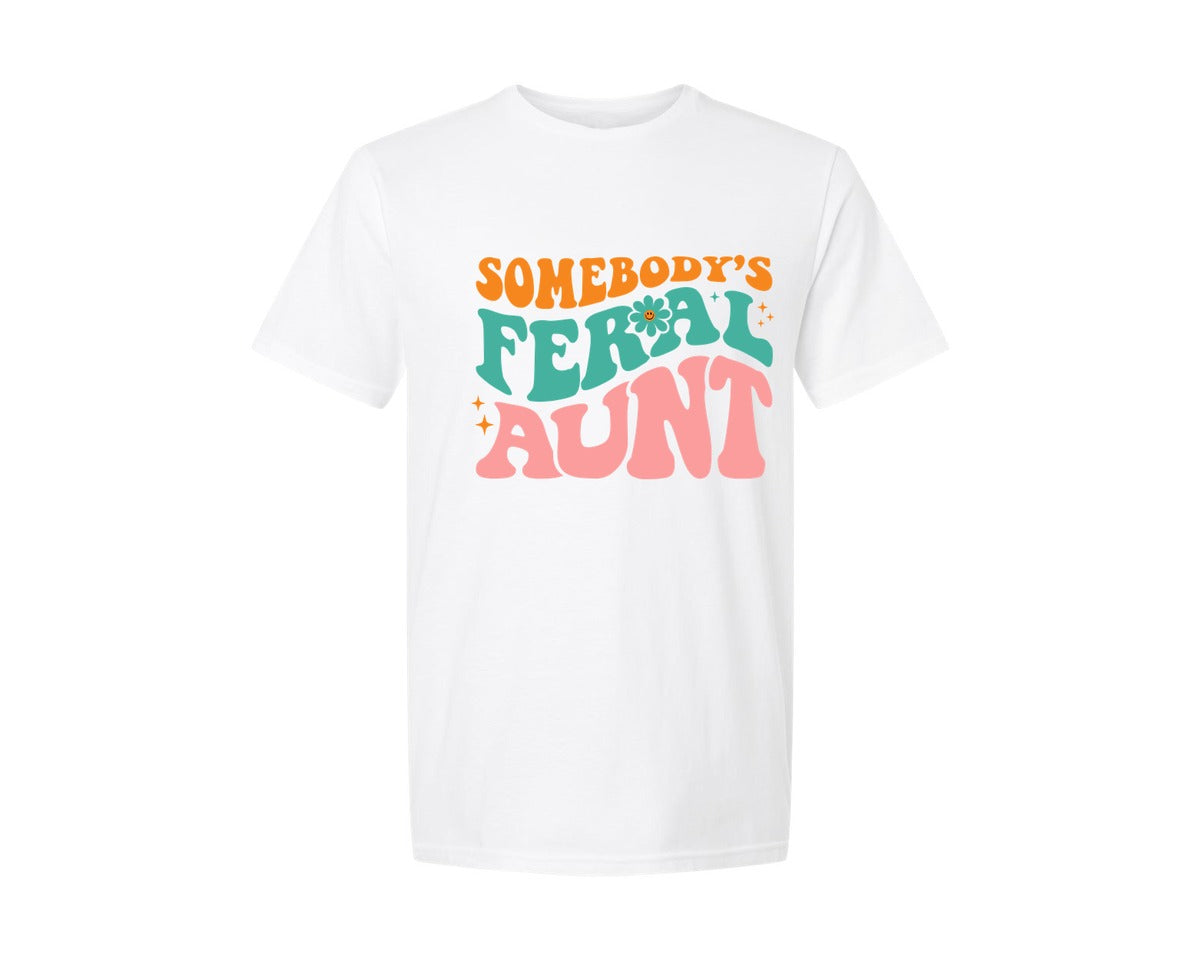 brand:Generic|color:White|Somebodys Feral Aunt Retro T Shirt Graphic T-Shirt
