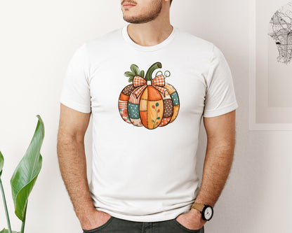 brand:Bella Canvas|color:White|Vintage Patchwork Pumpkin Farmhouse Graphic T-Shirt