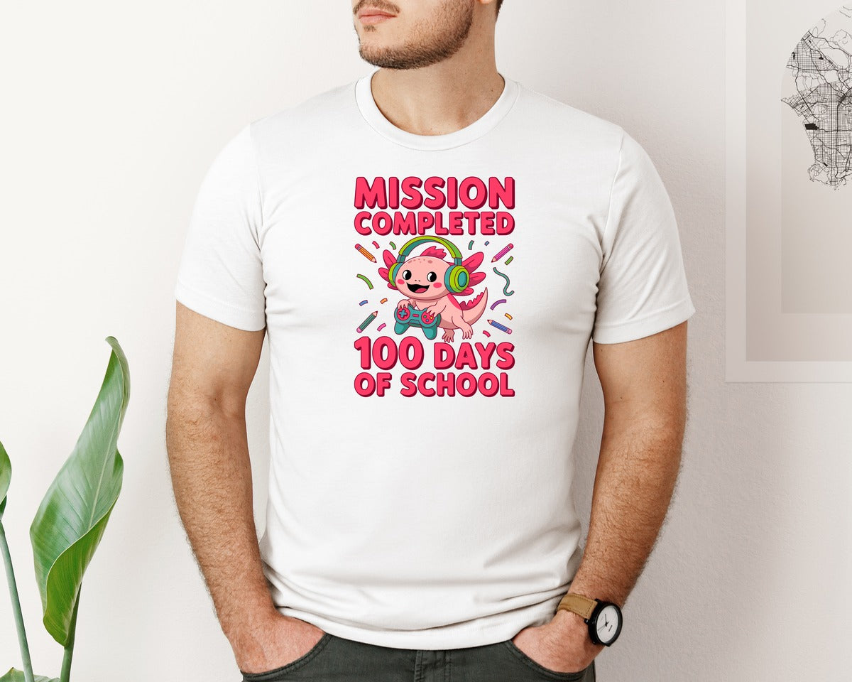 brand:Bella Canvas|color:White|100 Days School Axolotl T Shjrt Design Graphic T-Shirt