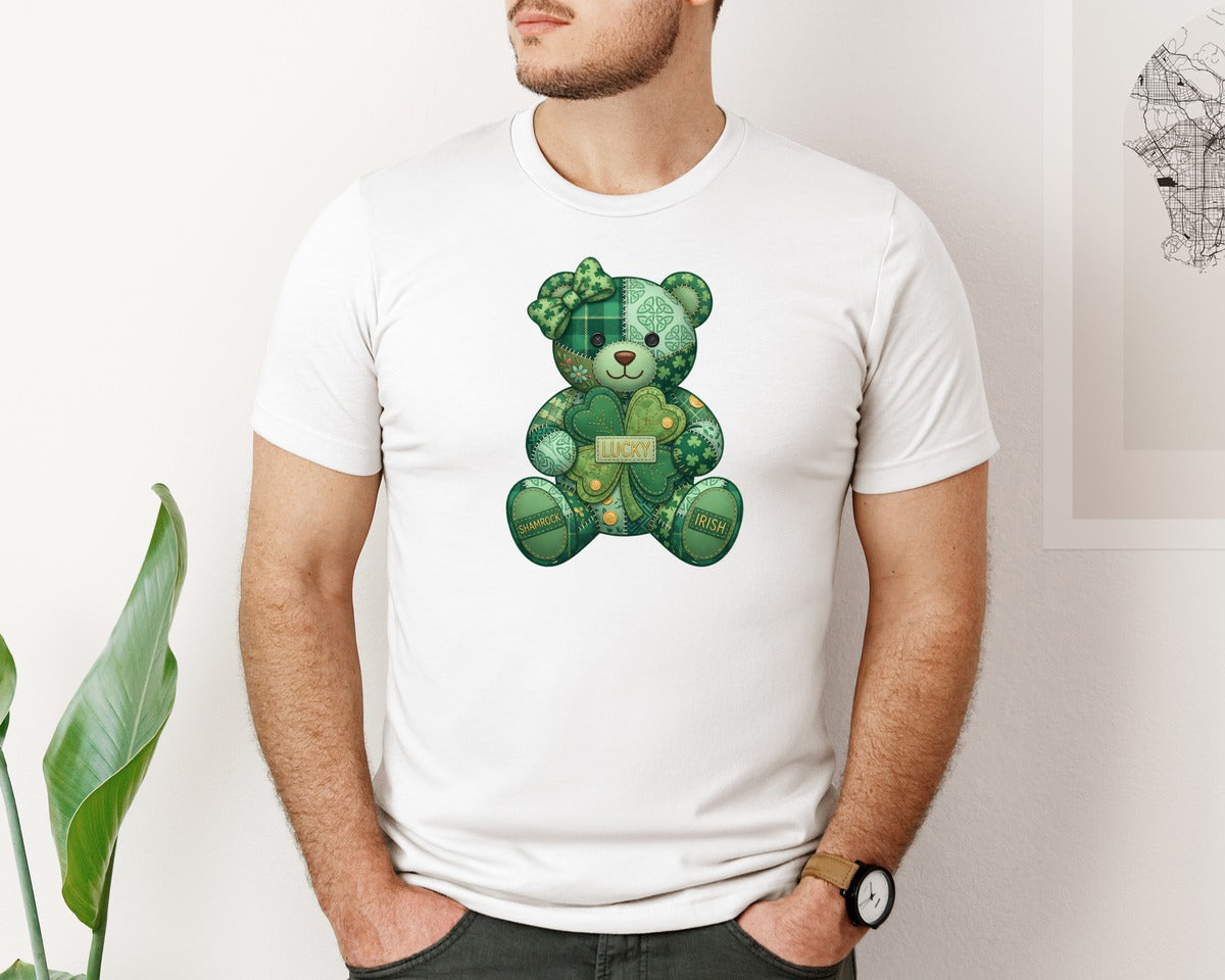 brand:Bella Canvas|color:White|Lucky Patchwork Teddy Bear Graphic T-Shirt