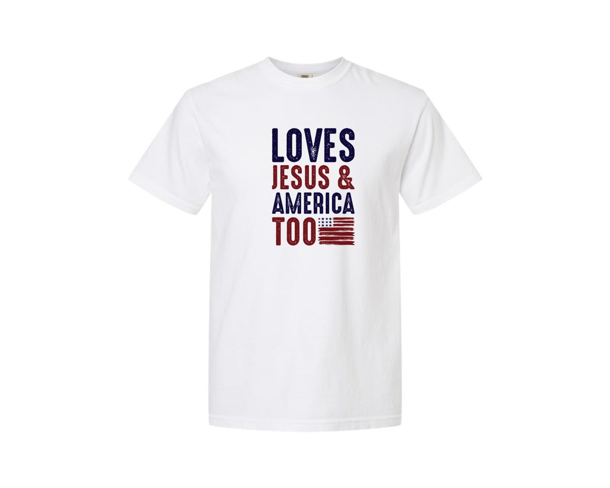 brand:Comfort Colors|color:White|Loves Jesus And America Too Jesus Graphic T-Shirt