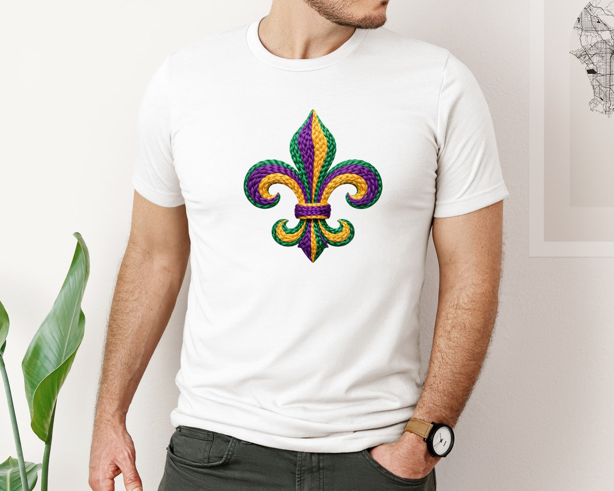 brand:Bella Canvas|color:White|Mardi Gras Yarn Fleur De Lis Graphic T-Shirt