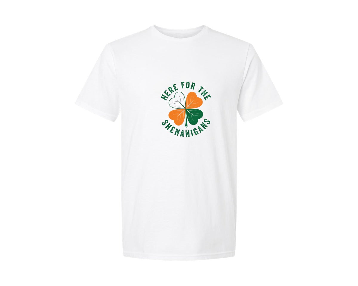 brand:Generic|color:White|Here For The Shenanigans Clover Graphic T-Shirt