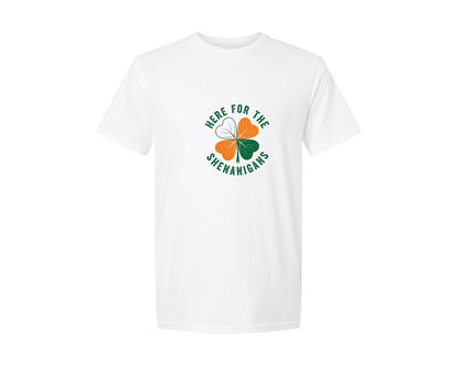 brand:Generic|color:White|Here For The Shenanigans Clover Graphic T-Shirt