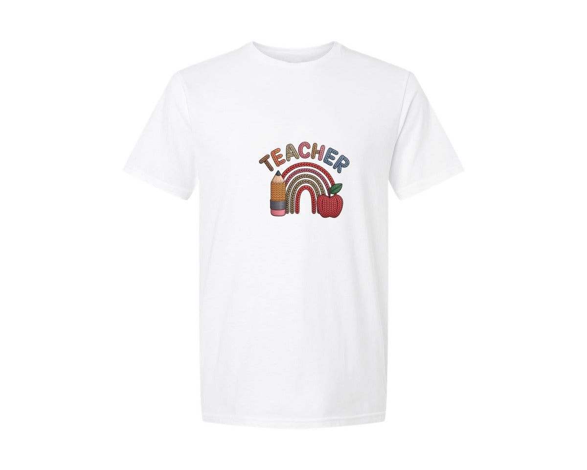 brand:Generic|color:White|Teacher Faux Yarn Crochet Rainbow T Graphic T-Shirt