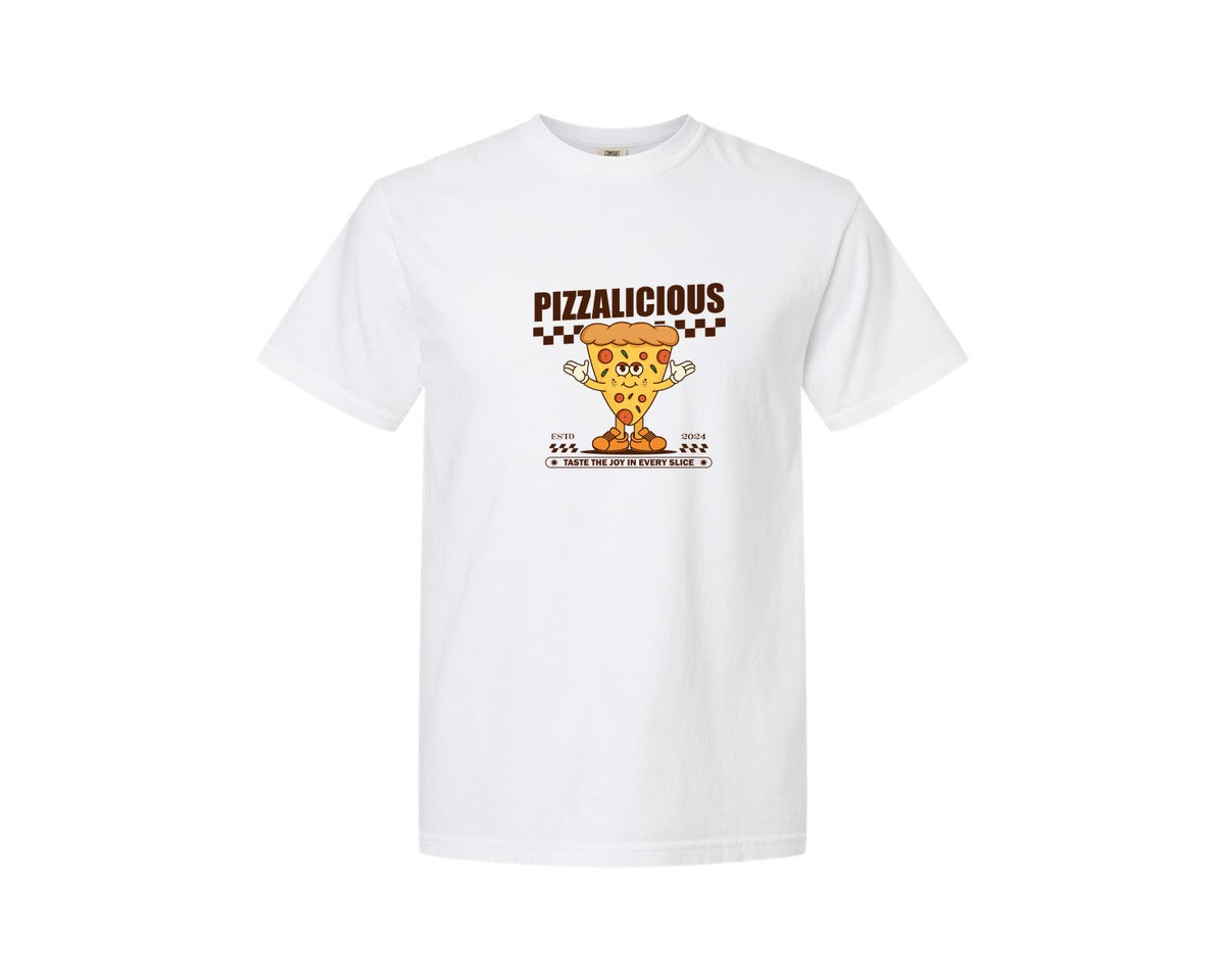 brand:Comfort Colors|color:White|Vintage Slice Pizza Cartoon Character Graphic T-Shirt