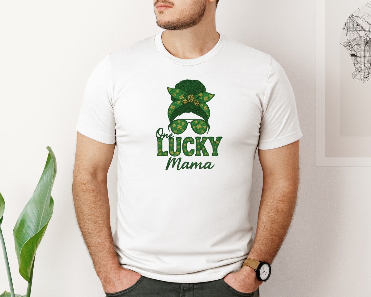 brand:Bella Canvas|color:White|St Patricks One Lucky Mama Graphic T-Shirt