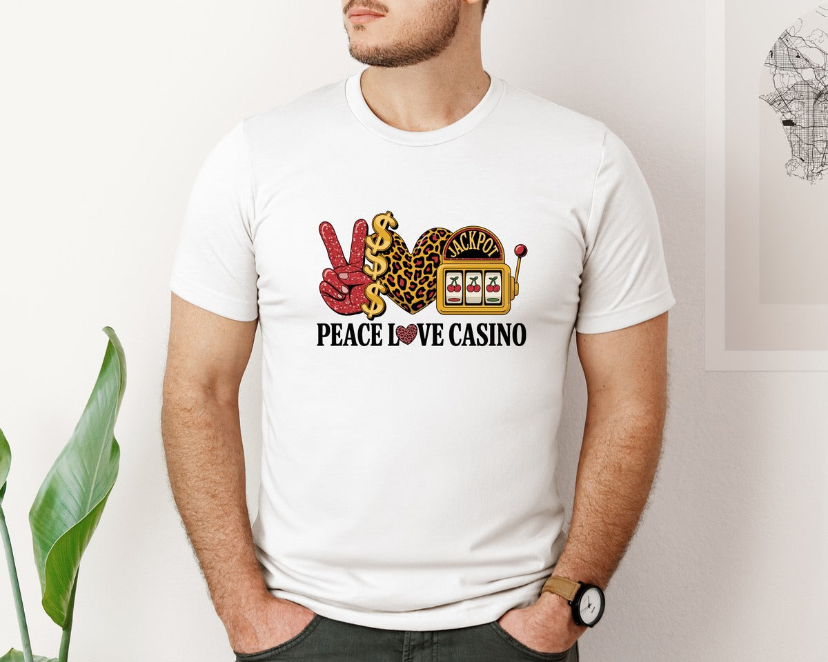 brand:Bella Canvas|color:White|Peace Love Casino Leopard Print Slot Graphic T-Shirt
