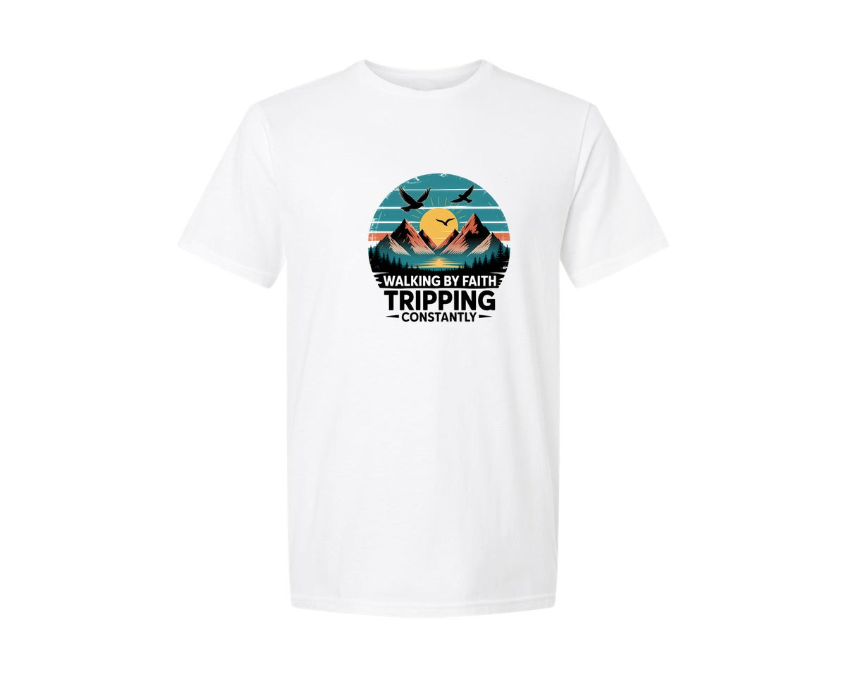 brand:Generic|color:White|Walking By Faith Christian Bible Verse Graphic T-Shirt