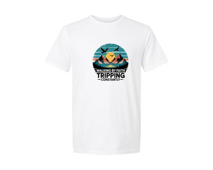 brand:Generic|color:White|Walking By Faith Christian Bible Verse Graphic T-Shirt