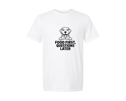brand:Generic|color:White|Food First Questions Later Lab Dog Graphic T-Shirt