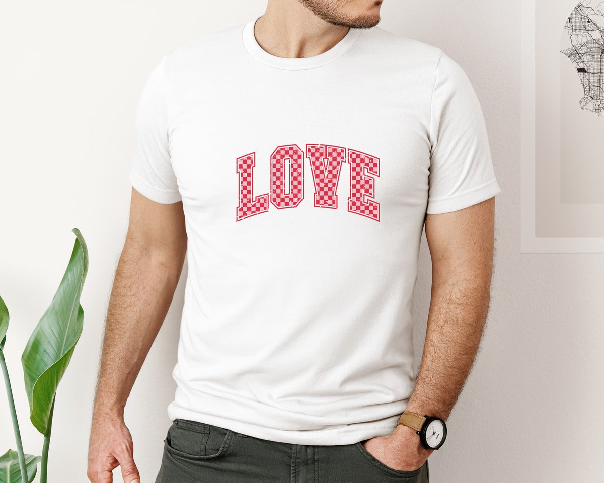 brand:Bella Canvas|color:White|Love Valentine Varsity Retro Checkered Graphic T-Shirt
