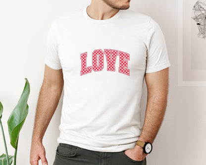 brand:Bella Canvas|color:White|Love Valentine Varsity Retro Checkered Graphic T-Shirt