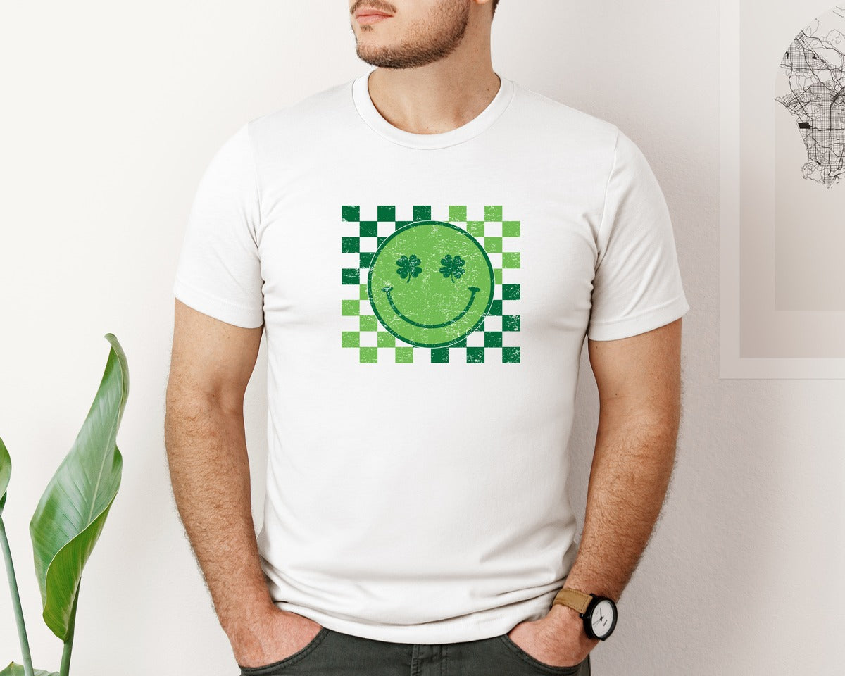 brand:Bella Canvas|color:White|Retro Checkered St Patricks Day 10 Graphic T-Shirt