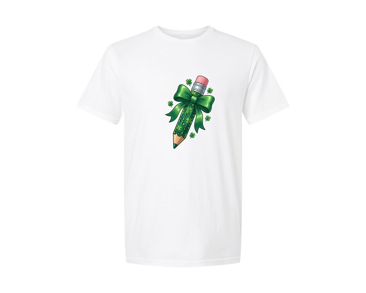 brand:Generic|color:White|Green Shamrock Bow Pencil Graphic T-Shirt
