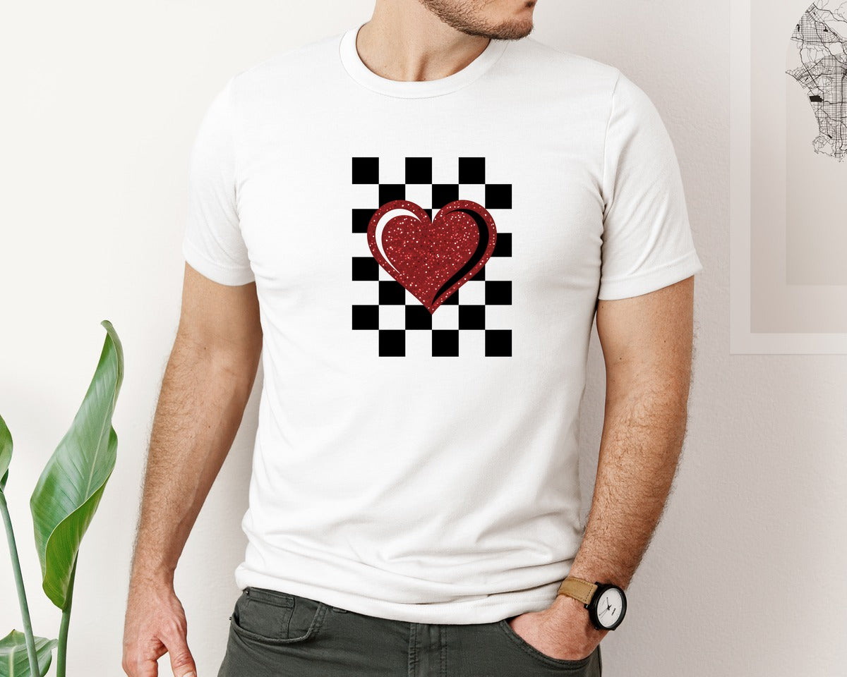 brand:Bella Canvas|color:White|Retro Checkered Heart Valentines Graphic T-Shirt