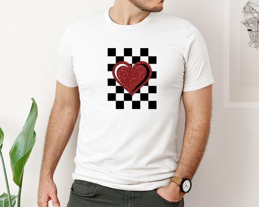 Retro Checkered Heart Valentines Graphic T-Shirt